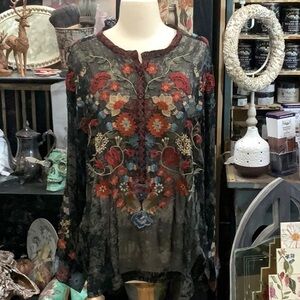 0032 Johnny Was Sheer Black/Green Tunic w/ Floral Embroidery; EUC Size L